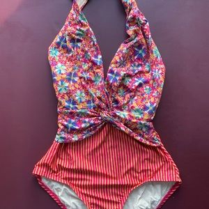 Anthro Allihop NWT Sm Swimsuit Red Floral Stripe